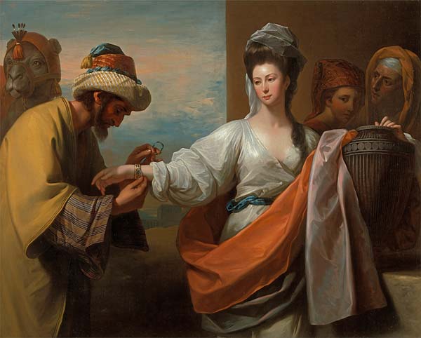 Isaac's servant tying the bracelet on Rebecca's arm - Click Image to Close