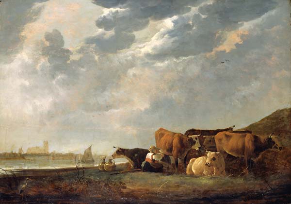 Cattle near the Maas, with Dordrecht in the distance - Click Image to Close