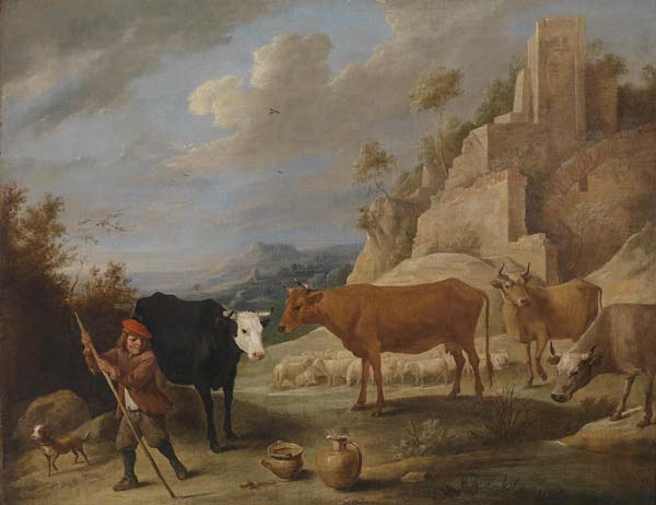 Ein Hirt mit seiner Herde in einer Landschaft mit Ruinen - Click Image to Close