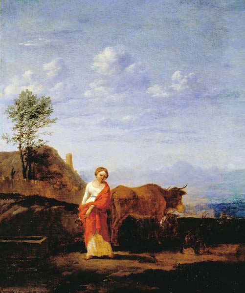 A Woman with Cows on a Road - Click Image to Close
