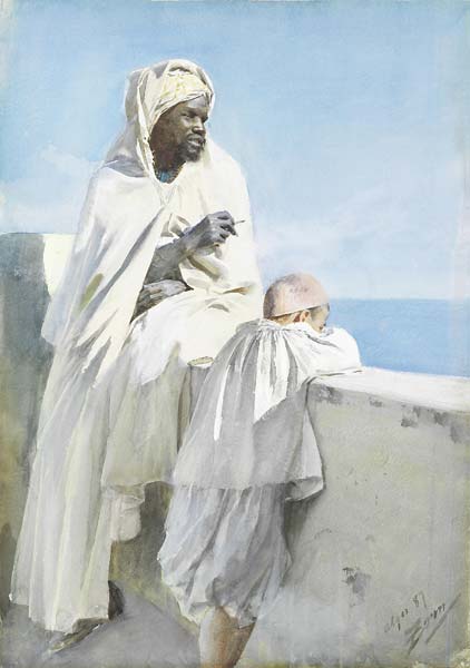 An Algerian man and boy looking across Bay of Algiers - Click Image to Close
