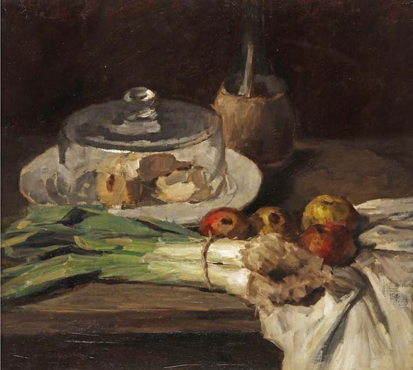 Still Life with leeks, cheese and apples - Click Image to Close