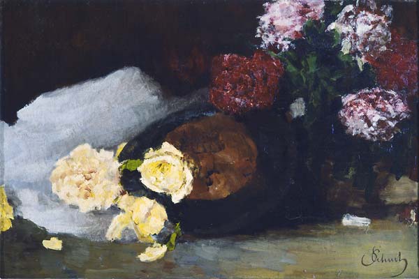 Still Life with Tea roses, peonies and Chapeau Claque - Click Image to Close