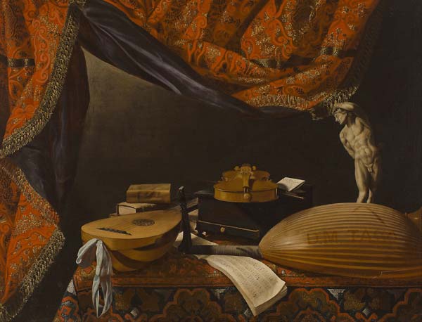 Still life with Musical Instruments, Books and Sculpture - Click Image to Close