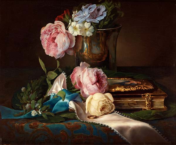 Still life with roses, engagement ring and a silver goblet - Click Image to Close