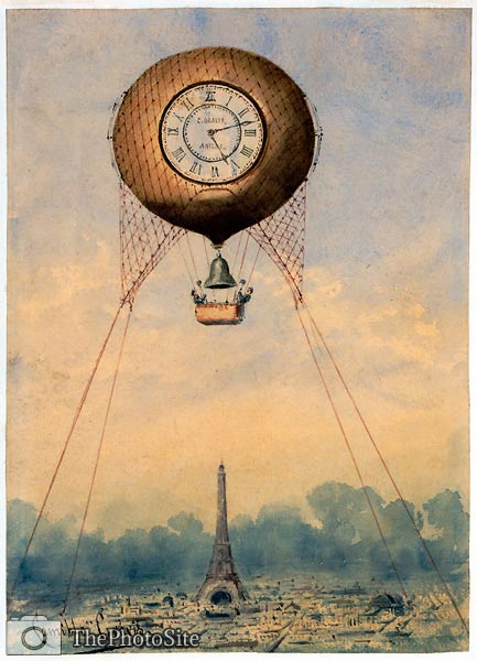 Captive balloon with clock face and bell, floating above the Eif - Click Image to Close