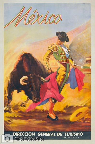 Mexico, Matador and Bull vintage tourist poster - Click Image to Close