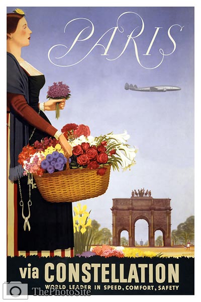 Paris via Constellation vintage travel poster - Click Image to Close