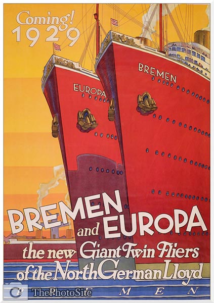 Bremen and Europa, coming 1929! Travel Poster - Click Image to Close