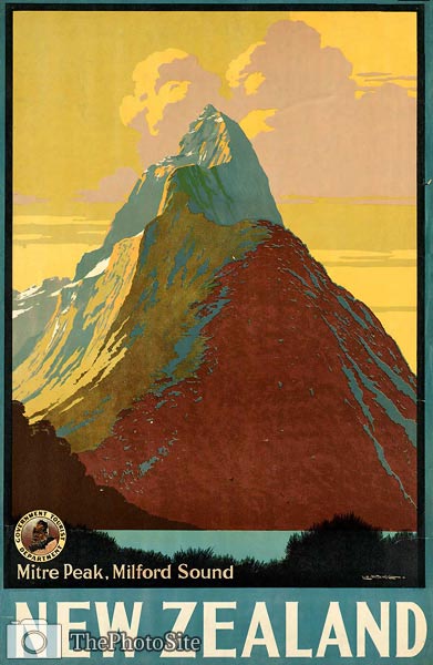 New Zealand Mitre Peak, Milford Sound tourist poster - Click Image to Close