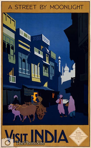Visit India, a street by moonlight travel poster - Click Image to Close