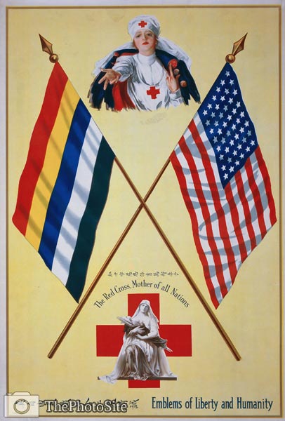 Emblems of liberty and humanity Red Cross WWI Poster - Click Image to Close