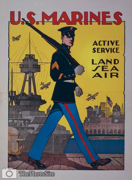 U.S. Marines - active service, sea, air WWI Poster - Click Image to Close