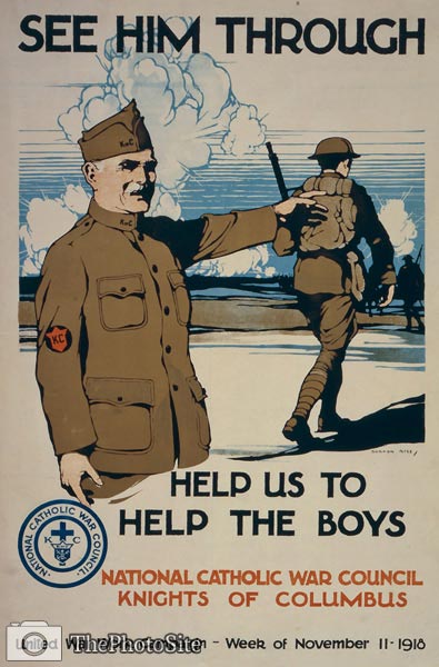 Knights of Columbus uniform Soldiers in Battle WWI Poster - Click Image to Close