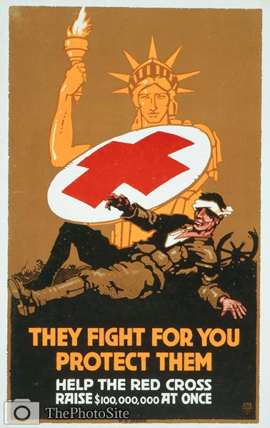 Liberty offering Red Cross shield to a wounded soldier. WWI Post - Click Image to Close