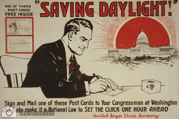 Saving daylight - make it law to change clock - WWI Poster - Click Image to Close