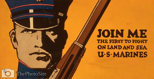 first to fight on land and sea - U.S. Marines WWI Poster - Click Image to Close