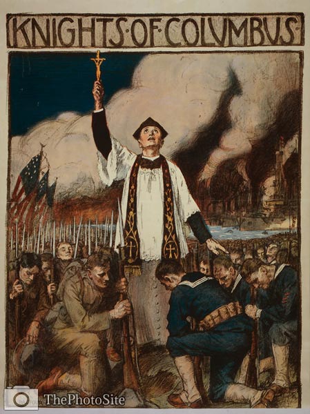 Knights of Columbus - priest, crucifix, soldiers WWI Poster - Click Image to Close