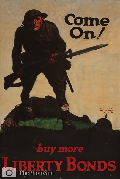 US soldier with bayonet over German soldier WWI Poster - Click Image to Close