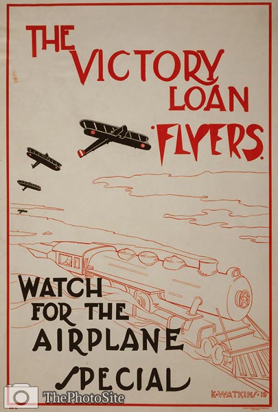 Airplanes flying over a speeding train - WWI Poster - Click Image to Close