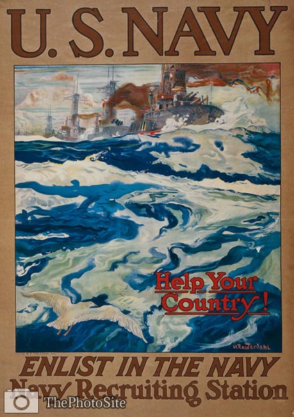 Battleships at sea - Enlist in the Navy - WWI Poster - Click Image to Close