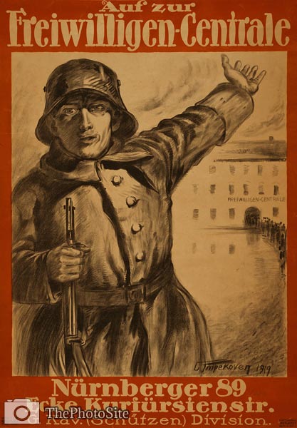 Auf zur Freiwilligen - Volunteer Center German WWI Poster - Click Image to Close
