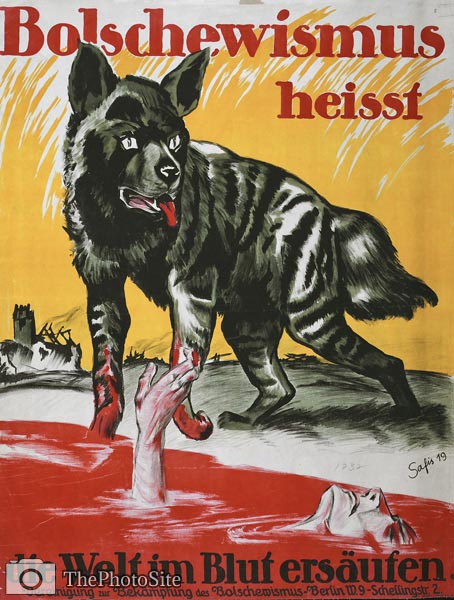 Wolf by pool of blood - man drowning German WWI Poster - Click Image to Close