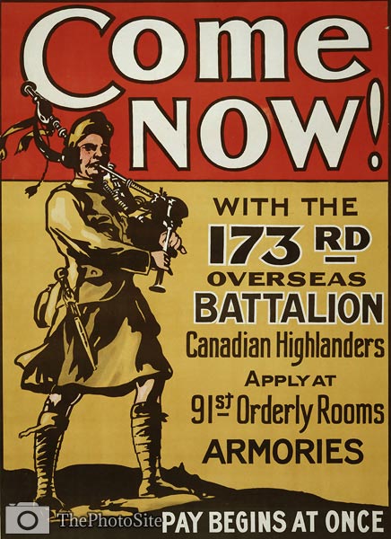 Soldier playing bagpipes Canadian Highlanders WWI Poster - Click Image to Close