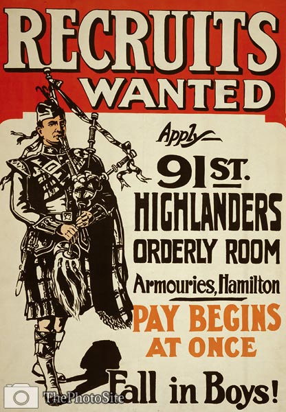 Canadian Army World War I Poster - soldier bagpipes - Click Image to Close
