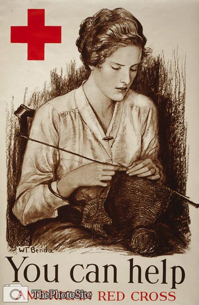 Young Woman Knitting Red Cross WWI Poster - Click Image to Close
