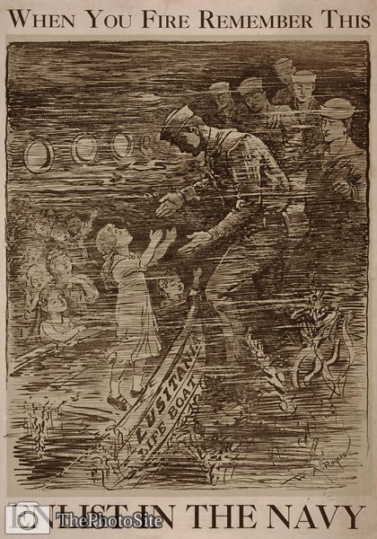 Lusitania lifeboat, girl and soldier War Poster - Click Image to Close