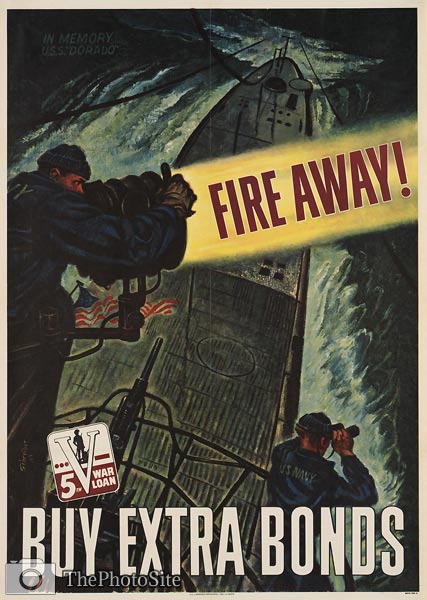 Fire Away, buy war bonds, American WWII Poster - Click Image to Close