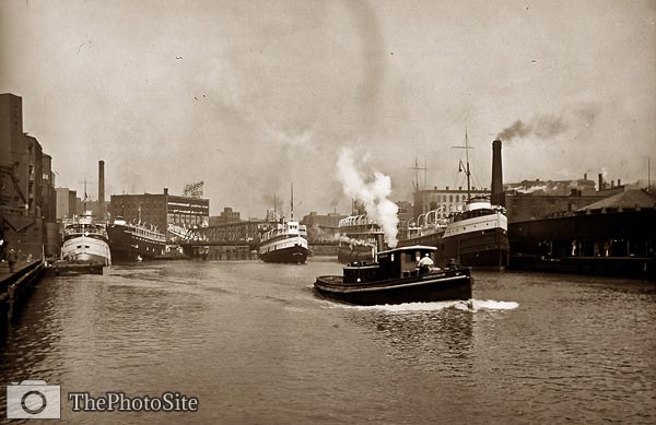 Chicago River scene with steamboat and industrial waterfront - Click Image to Close