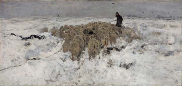 Flock of sheep with shepherd in the snow - Click Image to Close