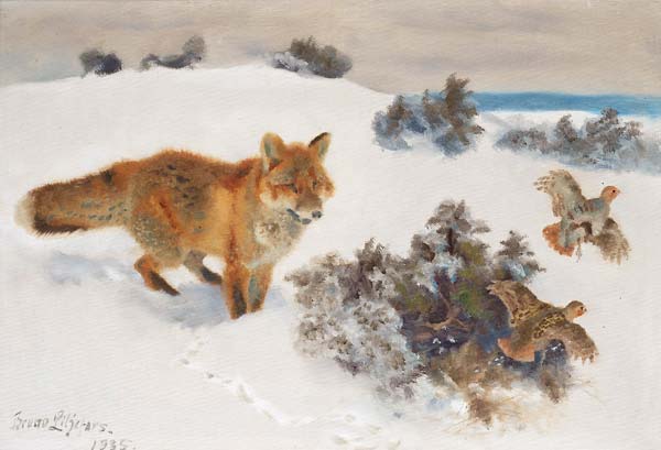 Winter landscape with hunting fox - Click Image to Close