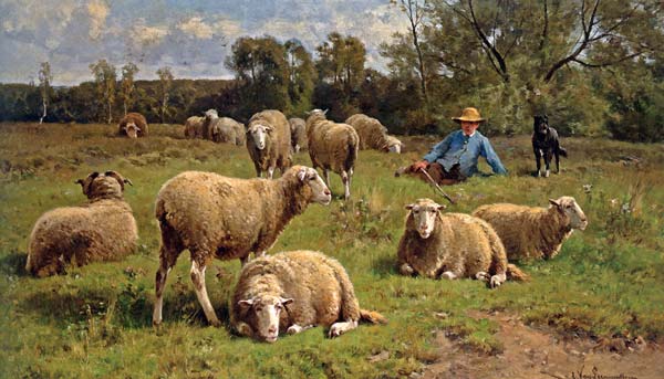 A Shepherd and His Dog Guarding a Flock of Sheep - Click Image to Close