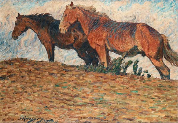 Horses in stifling winds, scene from oland, Sweden - Click Image to Close