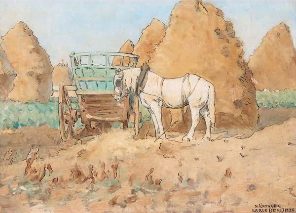 White horse and hay stacks, scene from La Rue near Paris - Click Image to Close