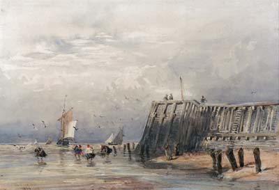 Sailing Barges and Shrimpers off a Pier