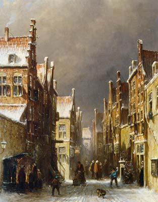 Figures in the snow covered streets of a dutch town - Click Image to Close