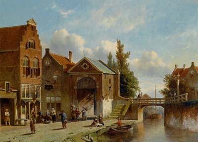 Figures in the Quay of a Dutch Town - Click Image to Close