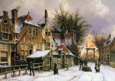 A townview with figures on a snow covered street - Click Image to Close