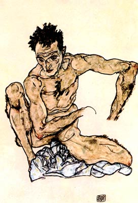 Squatting, nude male selfportrait Egon Schiele
