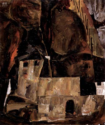 Wall and house at a hilly terrain with fence Egon Schiele