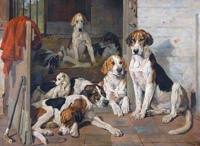 Foxhounds and Terrier in a Stable Interio John Emms