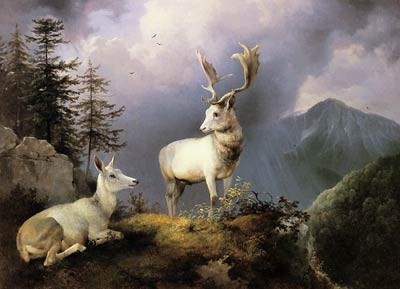 White Deer and Hind in Alpine Landscape Friedrich Gauermann