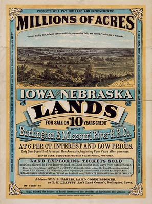 Millions of acres in Iowa and Nebraska for sale, vintage poster