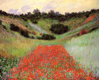 Poppy field of flowers in a valley at Giverny Monet