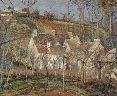 Red roofs, corner of a village, winter