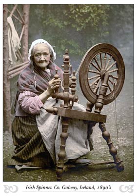 Irish Spinner and Spinning Wheel. Co. Galway, Ireland